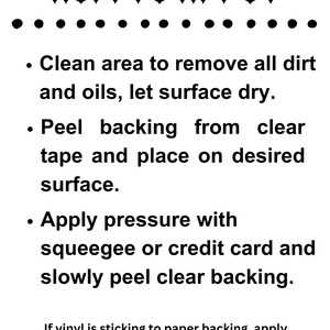 May include: White instructional graphic with the headline "HOW TO APPLY" in a gothic font. Instructions include cleaning the surface, peeling the backing, and applying pressure with a squeegee or credit card.