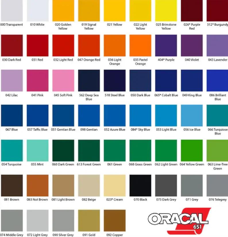 May include: A color chart featuring a wide array of hues, including shades of red, blue, green, yellow, and neutral tones. The chart displays the ORACAL 651 color palette, with each color labeled with a number and name.
