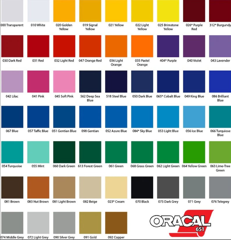 Puede incluir: Una carta de colores con 651 colores diferentes, incluyendo transparente, blanco, amarillo, rojo, naranja, morado, azul, verde, marr&oacute;n, gris, plata, oro y cobre. La carta est&aacute; etiquetada como "ORACAL 651".