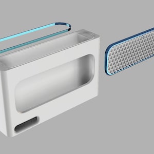 May include: A white rectangular container with a rounded top, a rectangular opening, and a small opening on the bottom. A blue-trimmed, oval-shaped lid and a blue-trimmed, rectangular, perforated panel are separate.