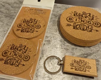 Lucky Bingo Lady Cork Coaster Set, Car Coasters, Keychain