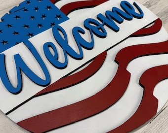 American Flag Welcome 3D Door Hanger painted with outdoor acrylic paint