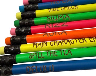 Middle School Funny Gen Z Neon Laser Engraved Pencils, Set of 10.  Unsharpened.