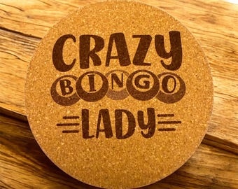 Crazy Bingo Lady Double Sided Cork Coasters