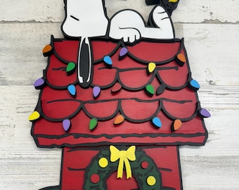 Hand Painted Snoopy and Woodstock Christmas 3D Door Hanger Sign