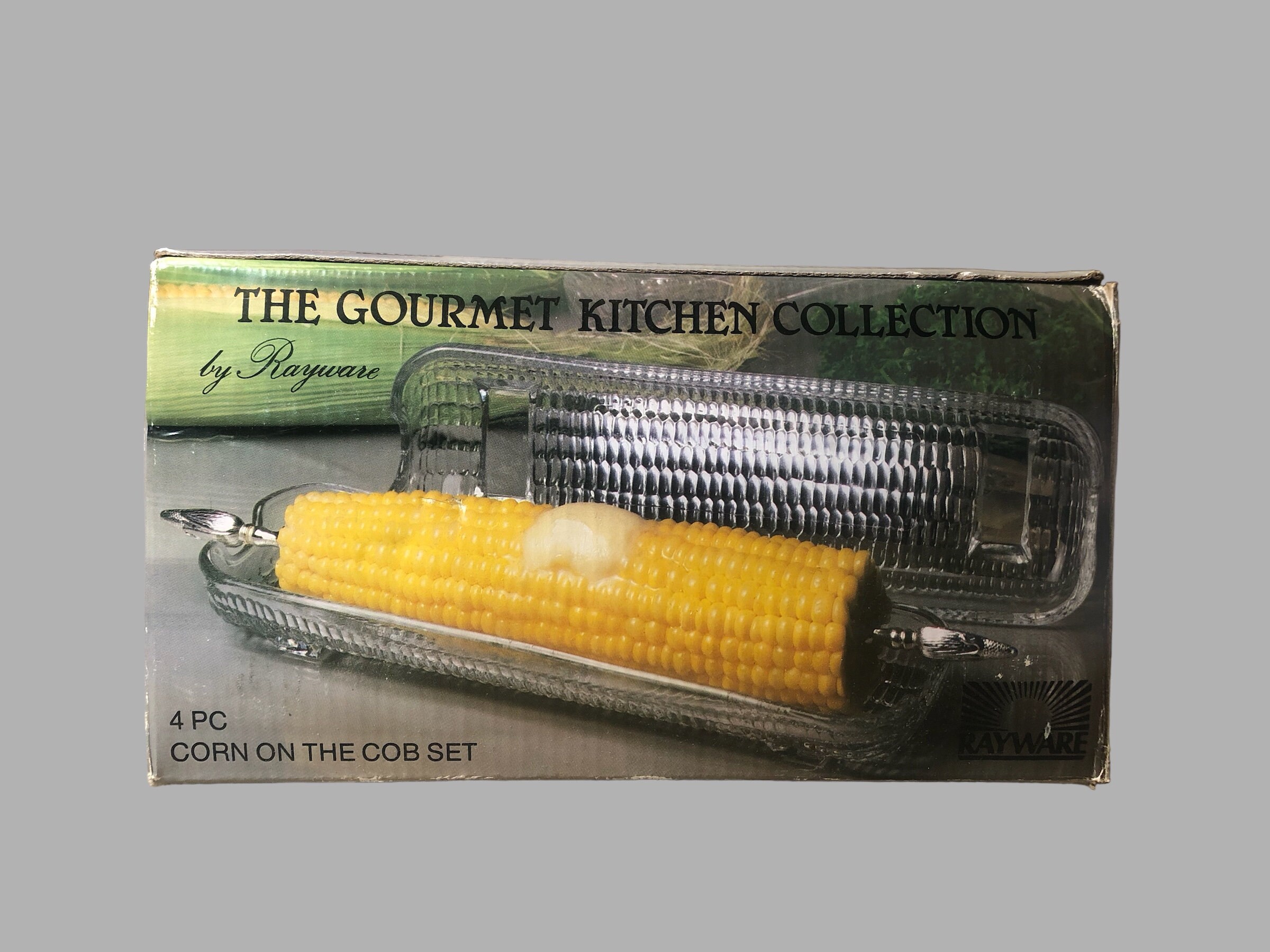 Set of 4 Rayware Glass Corn on the Cob Dishes in Original Box, Vintage