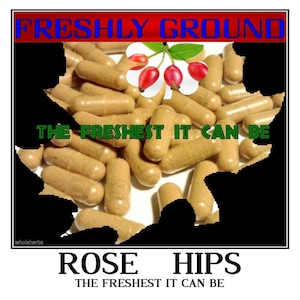May include: A close-up of a pile of brown capsules with the text "FRESHLY GROUND" and "THE FRESHEST IT CAN BE" in red and green letters. The text "ROSE HIPS" and "THE FRESHEST IT CAN BE" are also visible in the image.