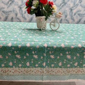 Ocean Green & Peach with White Lotus Table Cloth, Indian Hand Block Printed Tablecloth,Floral Cotton Table Cover,Linen Dining Tablecloth