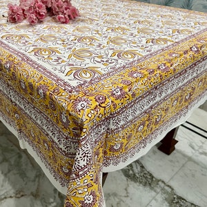Gelb Weiß Floral Border Design Hand Block Print Tischdecke Für Housewarming Und Neujahr Dinner Party