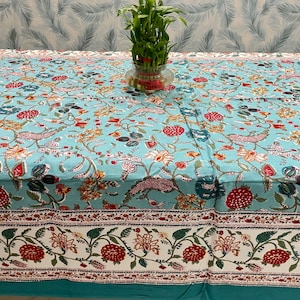 Perfect sky blue with Multicoloured Indian Floral Hand Block Printed Cotton Tablecloth, Table Cover, Perfect Table Linens For Wedding Gift
