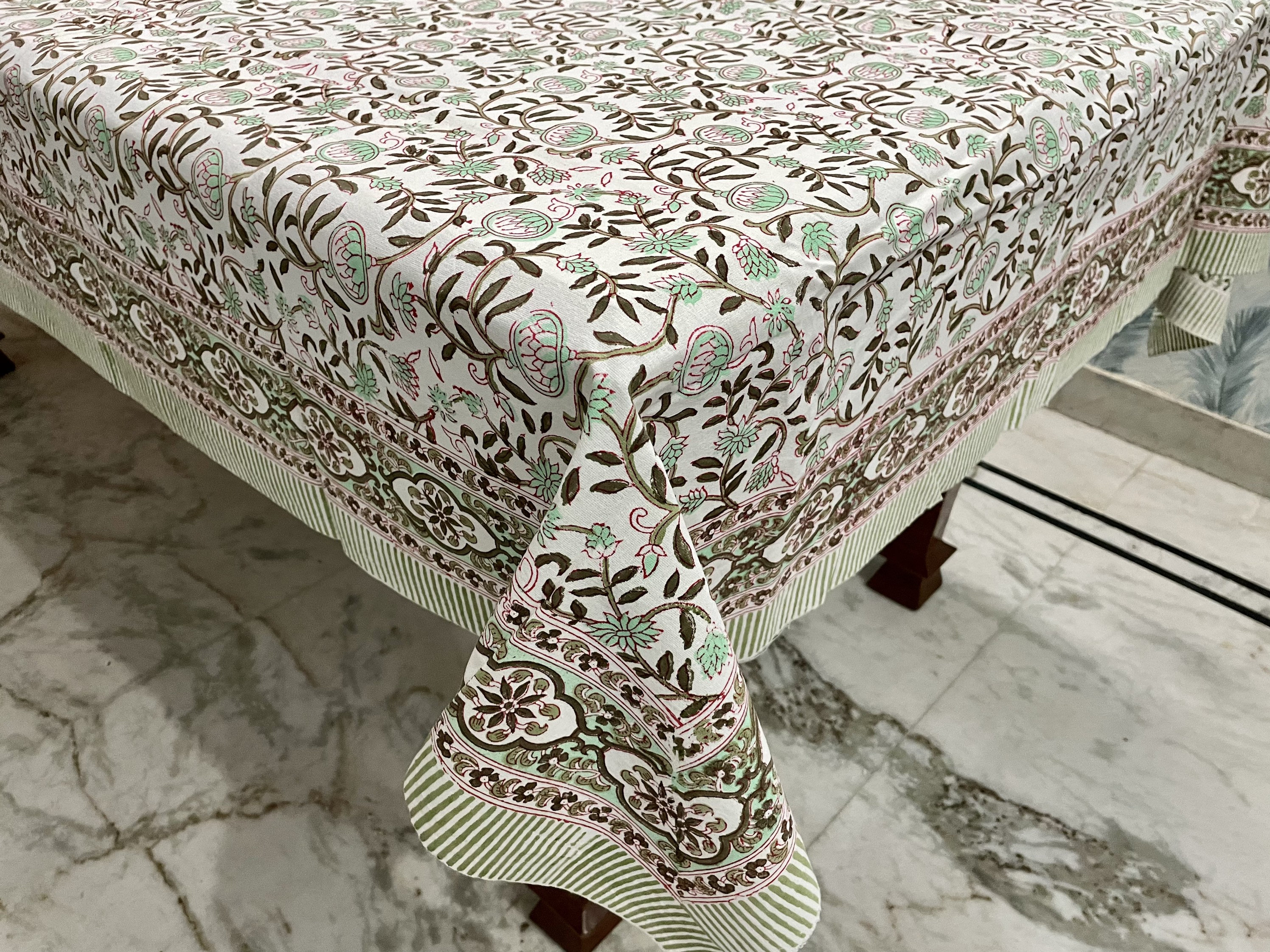 Aqua Green with White Floral Border Design Hand Block Print Table Cover Tablecloth For Housewarming And New year Dinner party