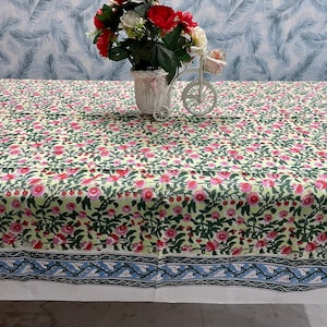 Parrot Green with Red & Colored Floral Border Design Hand Block Print Table Cover Tablecloth For Housewarming And New year Dinner party