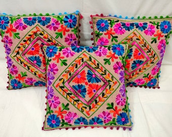 Set of 3 pc of Indian Hand Embroidered Cushion Cover Suzani Cushion Cover Pillowcases Vintage Cushion, Mexican Cover Handmade Cushion Covers