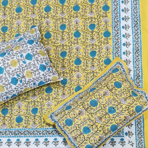 Hand Block Printed Cotton Flat Sheet Set - 2 Pillow Covers, Vintage Jaipuri Print Bedding, Handmade Bed Sheet, Jaipuri Print Bed Linens