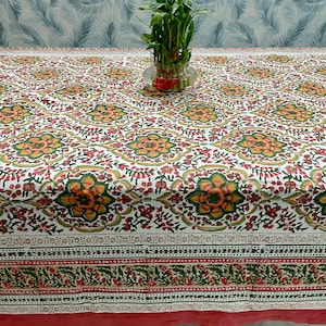 Bright Yellow With Red And White Indian Floral Hand Block Printed Cotton Tablecloth, Table Cover, Perfect Table Linens For Wedding Gift
