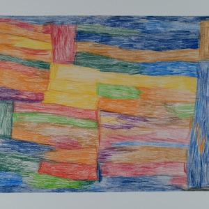 Original Outsider Art Abstrakte Geometrische Buntstiftzeichnung auf A3 Papier von Alan Sherman von Barrington Farm UK