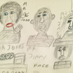 Original Abstract UK Outsider Art Portrait Pencil Drawing By Roy Collinson from Barrington Farm