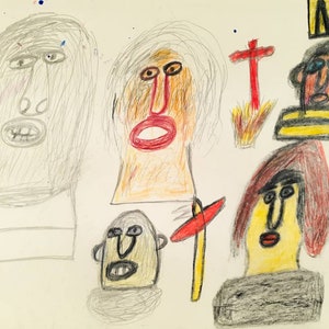 Original Abstract Outsider Art Pencil drawing of portraits by leading UK Outsider Artist Roy Collinson from Barrington Farm