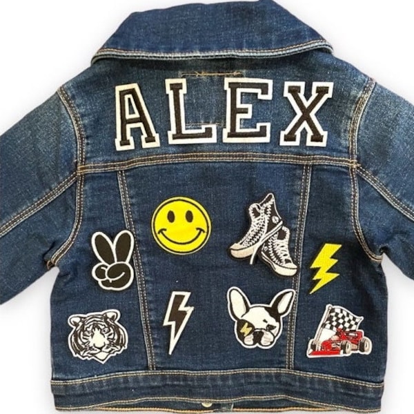 Custom Kids Denim Jacket with Patches | jean jacket with name | custom jean jacket