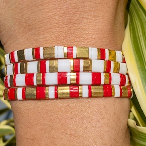 Bracelet de perles de Tila, bracelet perlé rouge et or, bracelet rouge de protection, bracelet d&#39;étirement, bracelet empilable, bracelet à la mode, Boho, Chic