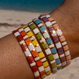Trendy Rainbow Tila Bead Bracelet with 24K gold plated beads, Flat Bead Bracelet, Stackable Bracelet