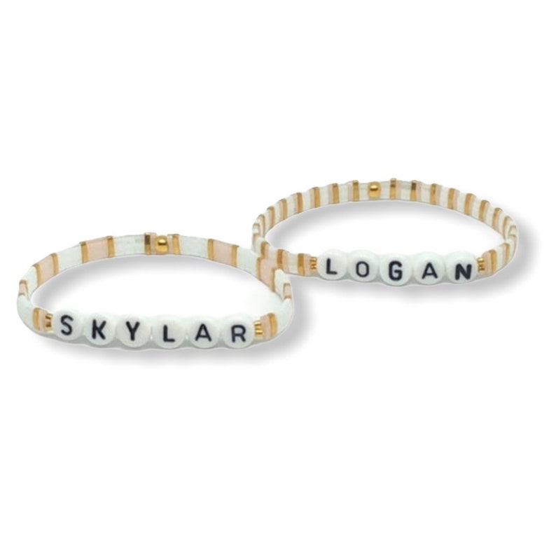 Custom Name Bracelet, Tila Bead Bracelet, Flat Bead Bracelet, Stretch ...
