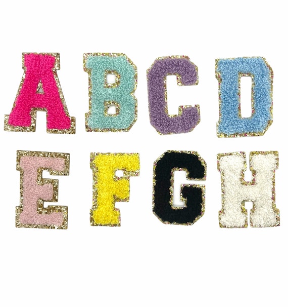 Hot Pink Chenille Iron On Gold Glitter Letter Patches