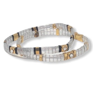 Bracelet Swarovski Crystal Tila Bead Bracelet, Bracelet perlé plat, bracelet Stretch, Bracelet empilable, Bijoux minimalistes, Or
