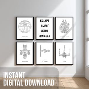 5x Star Wars Ship Poster Bundle – XWing, Death Star, Razor Crest, Tie Fighter,Millennium Falcon –Printable Sci Fi Wall Art –Digital Download