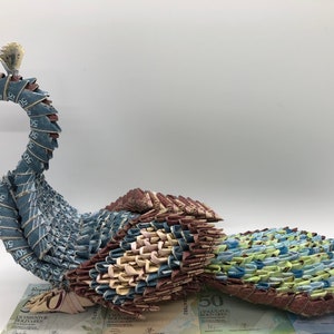 Large Peacock Made from Venezuelan Money by Artist