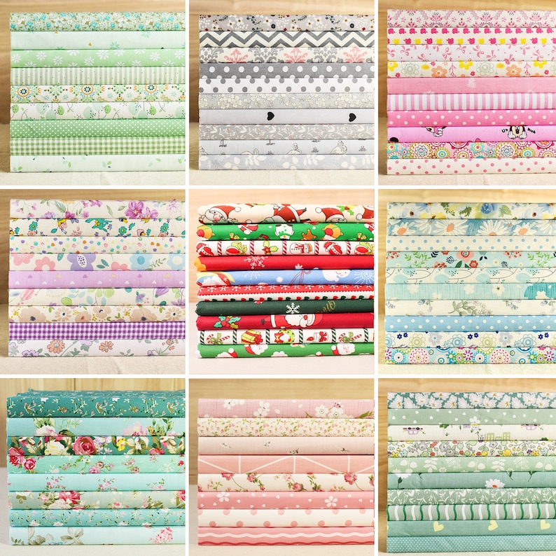 May include: A collection of 10 different fabric squares with various patterns, including floral, geometric, and polka dots. The fabrics are in shades of green, pink, blue, and red.