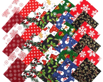 40 Assorted Cotton Red Christmas Fabric Quilting Pre Cut Charm Patchwok Squares Scraps Lot DIY