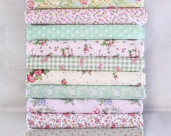 10 telas Fat Quarter, nueva mezcla de algodón verde fresco y rosa para acolchado, tela floral para coser, paquete de telas para patchwork, material de bricolaje para acolchado.