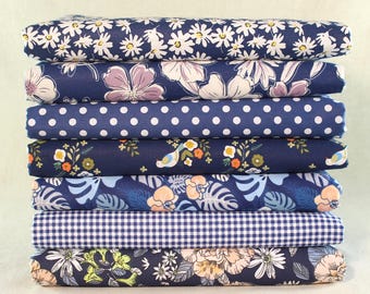 7 hübscher marineblauer Baumwollstoff, vorgeschnittene 10-Zoll-Quadrate, Blumenmuster, Patchworkstoff, Vintage-Stoff, Patchworkstoff