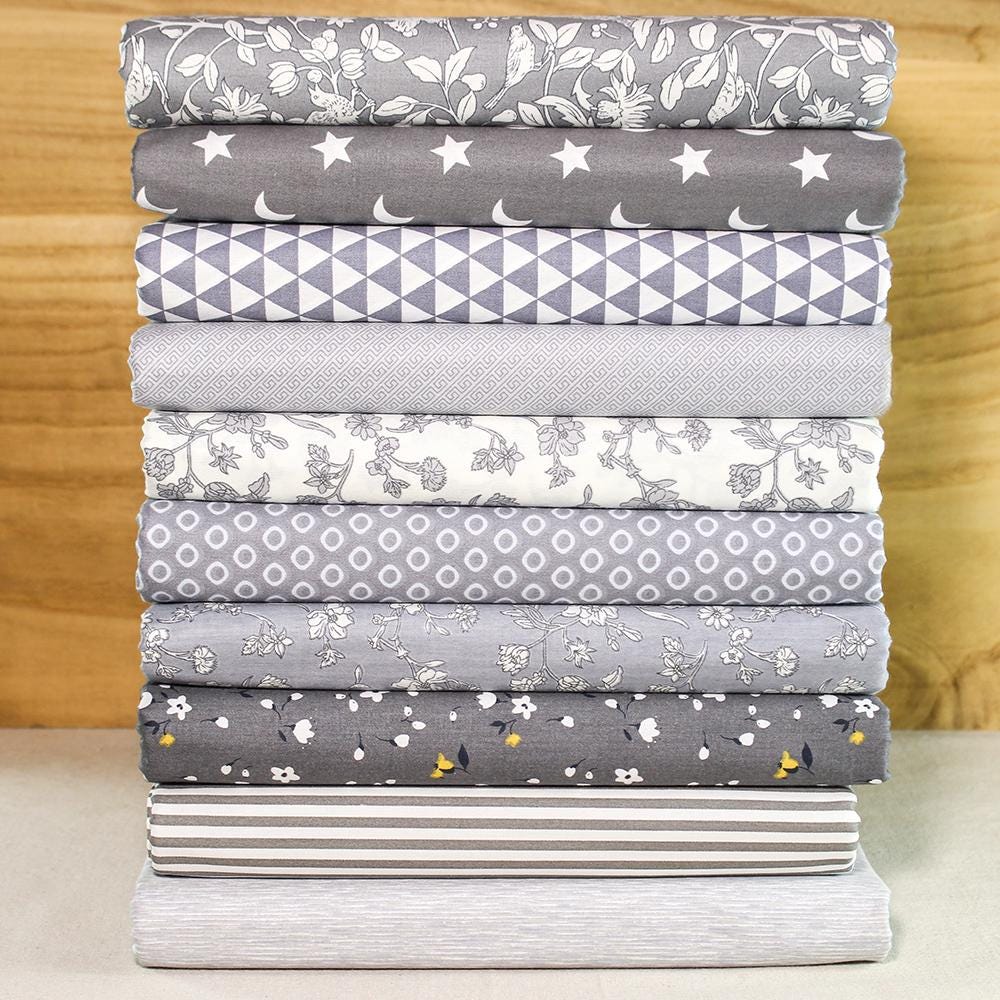 10 New Grey Cotton Fabric,Precut Charm 10" Squares,Sewing Fabric,Quilting Fabric,Vintage Print Craft Fabric DIY Material