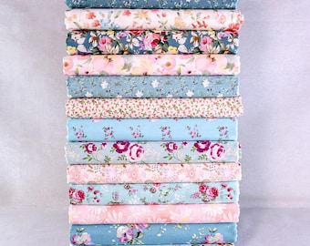 Paquete de 13 cuartos de tela de algodón verde y rosa, acolchado único, estampado floral, para costura, manualidades, patchwork y bricolaje.