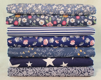 7 Marineblauer Baumwollstoff, Zuschnitt 25 cm quadratisch, Vintage-Stoff, Patchworkstoff, bunte Stoffe, Patchwork