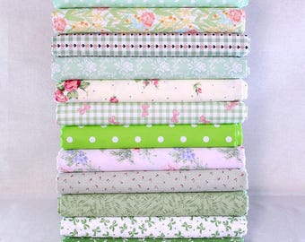 Lot de 12 gros quartiers, courtepointe en coton vert mélangé, couture artisanale de tissu à fleurs florales, lot de tissus patchwok courtepointe, matériel de bricolage