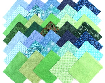 40 Charm Pack Fabric,Cotton Fabric,Green Blue Fabric,Quilting Fabric,Craft Cotton Scraps,Fabric Squares Bundle