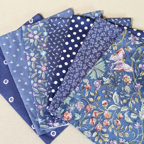 7 Fat quarters bundle ,Quilting fabric,100% cotton fabric ,Indigo blue Fabric,Sewing, Patchwork, Crafting