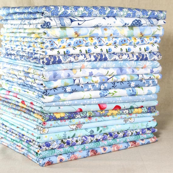 20 Blue Cotton Fabric,Vintage Floral Fabric,Printed Fabric Bundle,Fabric Quilting,Sewing Craft Patchwork DIY