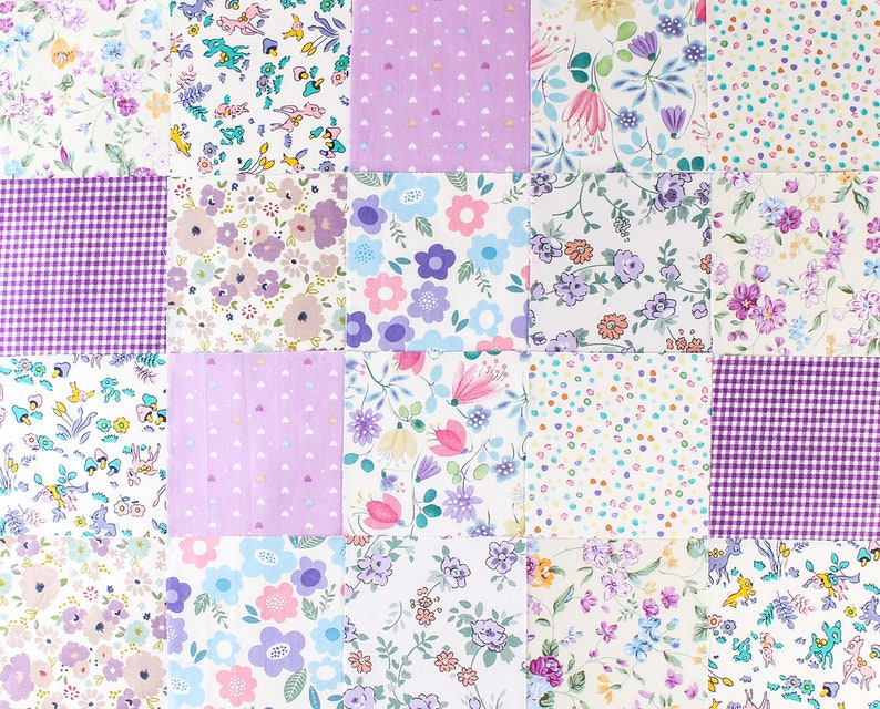 May include: A patchwork quilt with a variety of floral patterns in shades of purple, pink, and blue. The quilt is made up of squares of different fabrics, each with a unique design.