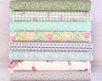 8 telas Fat Quarter, bonita tela estampada de algodón verde para acolchado, precortadas, para coser, con flores, parches, retales, bricolaje