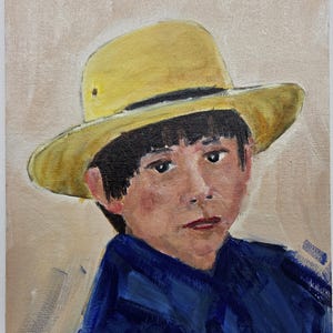 May include: Oil painting of a person wearing a yellow hat and a blue shirt. The portrait features a neutral background and a close-up view of the subject's face, with a focus on the eyes and lips. The artwork is a study in color and light.