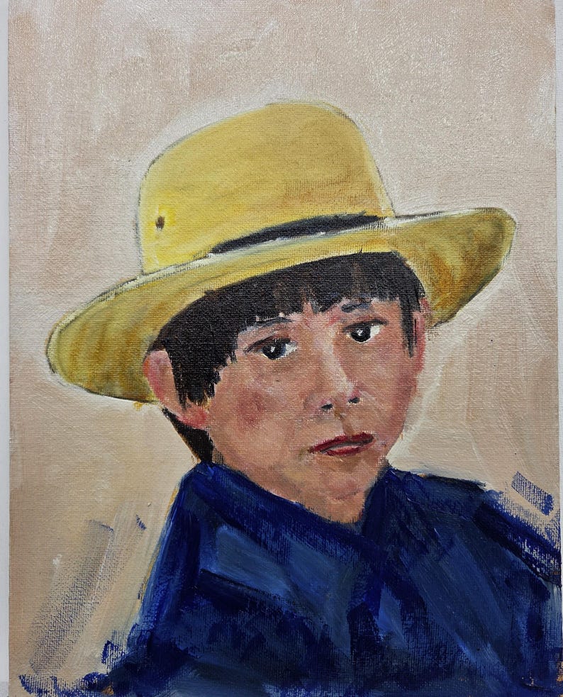 May include: Oil painting of a person wearing a yellow hat and a blue shirt. The portrait features a neutral background and a close-up view of the subject's face, with a focus on the eyes and lips. The artwork is a study in color and light.