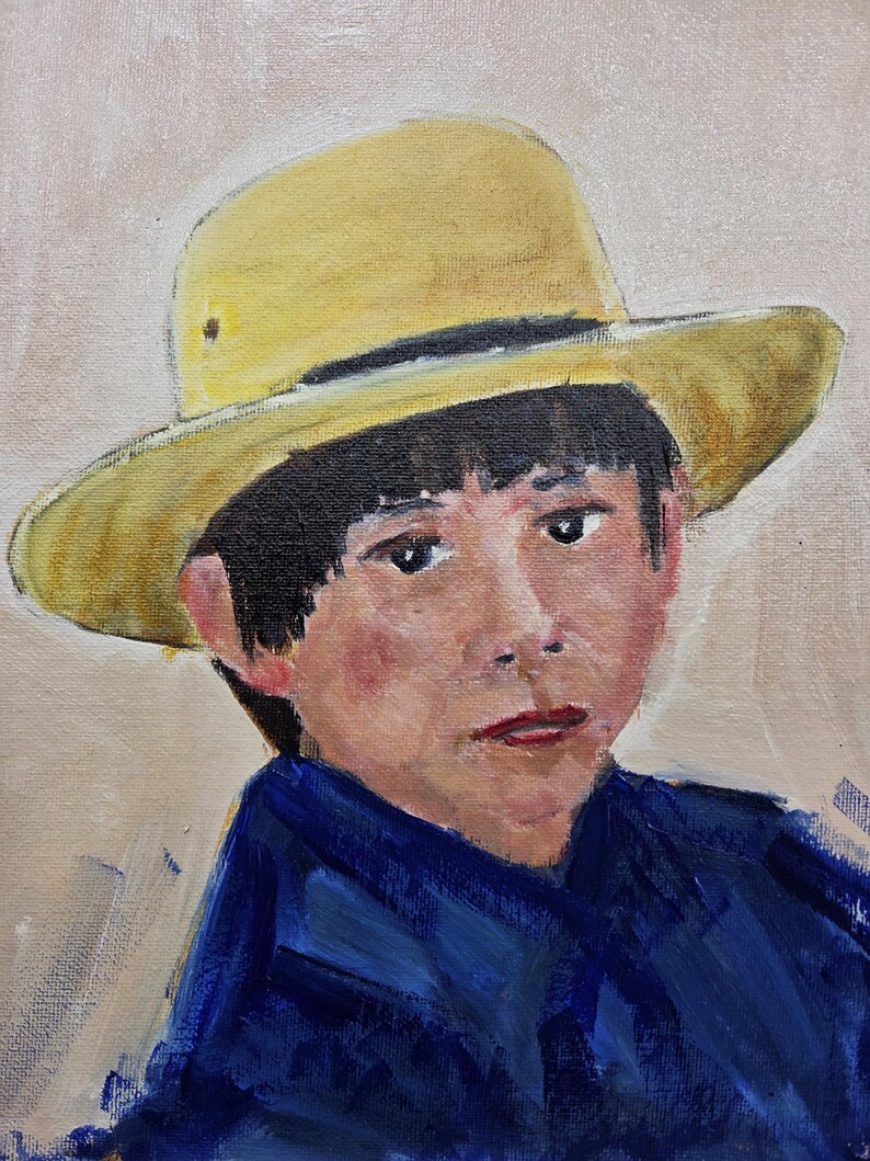 May include: Oil painting portrait of a person wearing a yellow hat and a blue shirt. The person has dark hair and a neutral expression. The background is a light beige color.