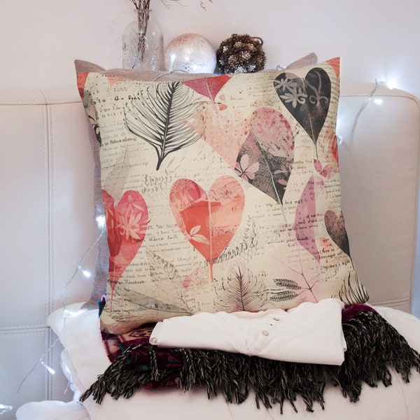 Valentine Pillow Cover, Cream and Berry Pink Love Pillow, Eclectic Valentine Home Decor