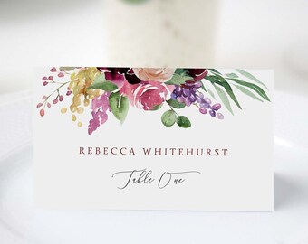 floral purple wedding place name, table place wedding, templett, marsala name card, burgundy wedding, greenery wedding, autumn wedding