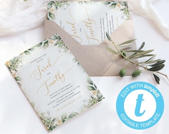 Eucalyptus & gold wedding invitation, editable invite, templett wedding, bohemian invite, leafy, wreath wedding invite, foliage wedding