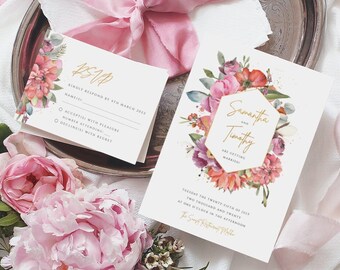 Gold and floral wreath wedding invitation, boho wedding, watercolor wedding, red flowers, peony wedding invite, wedding rsvp, spring wedding